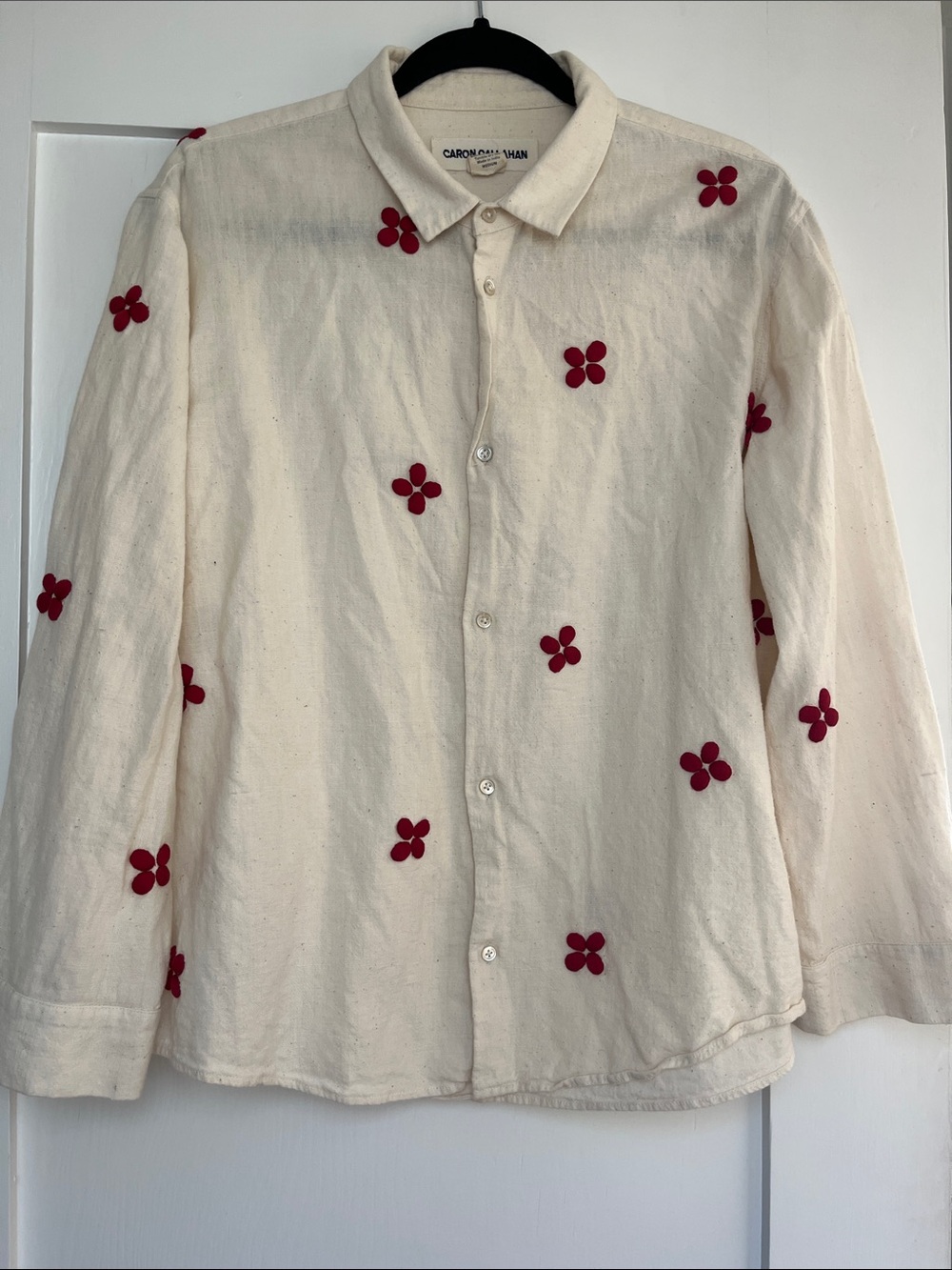 Caron Callahan Cream Button-Up Shirt with Red Floral Appliqué